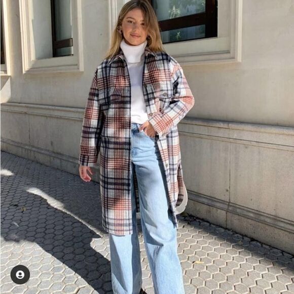 ZARA Long Plaid Jacket Overshirt Coat Bloggers - Picture 4 of 13